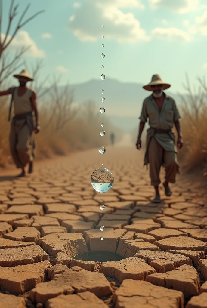 Image: The drop of water reaches a dry and arid field, where farmers suffer from lack of water.