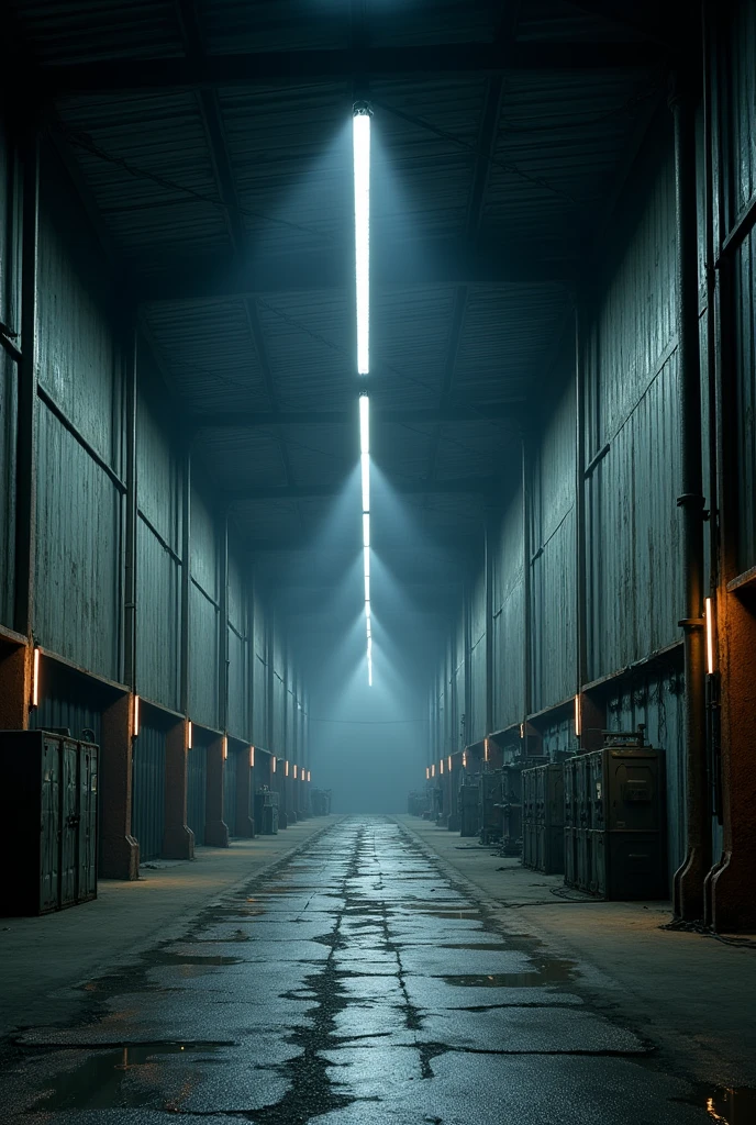 Create an industrial big shed illuminated by white LED lamps in tubular shape