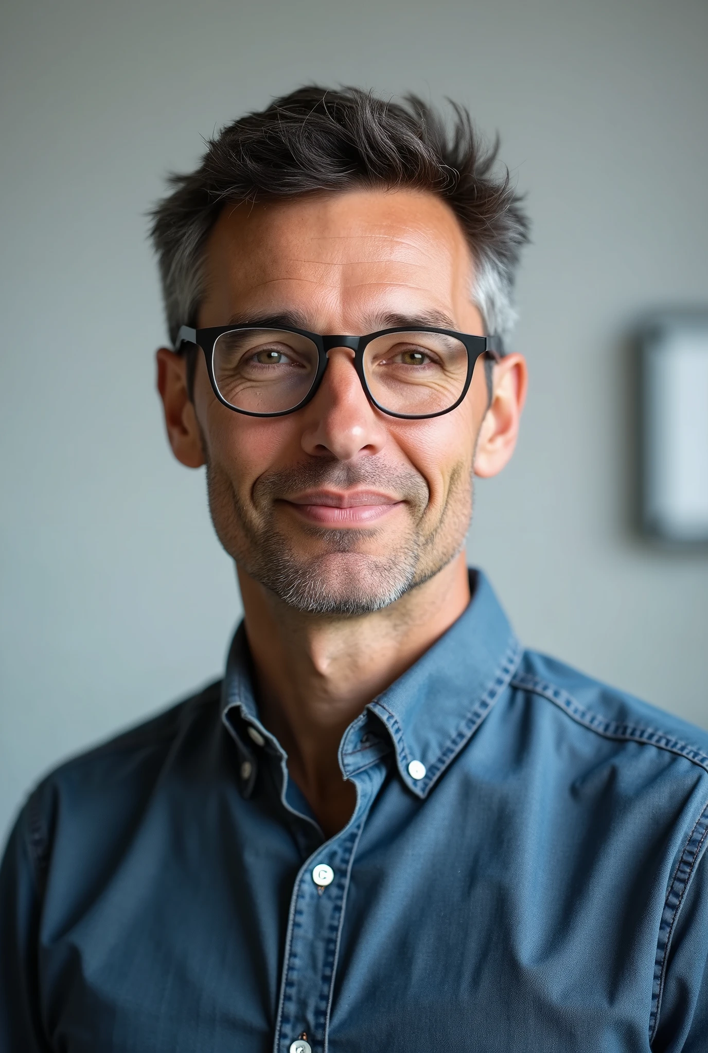 Create a portrait of a 44-year-old male professional with a background in computer engineering. He is a web developer and FullStack engineer, wearing casual yet professional attire. The image should focus on his upper body and face, with a neutral or slightly tech-inspired background that complements his role. His expression is confident and focused, embodying his expertise and dedication to technology. The overall style should be clean and modern, suitable for a web portfolio, highlighting his professionalism and technical skills.