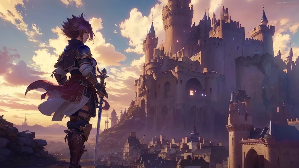 Animated character holding a sword standing in front of a castle, Complex and gorgeous anime CGI style, In front of a fantastic city, Granblue Fantasy, artwork in the style of Gwaiz, Sylvain Sarail, Beautiful anime scene, octopath traveller style, Gwaiz, 2. 5 d cgi Anime fantasy artwork, By Akihiko Yoshida, Anime fantasy artwork