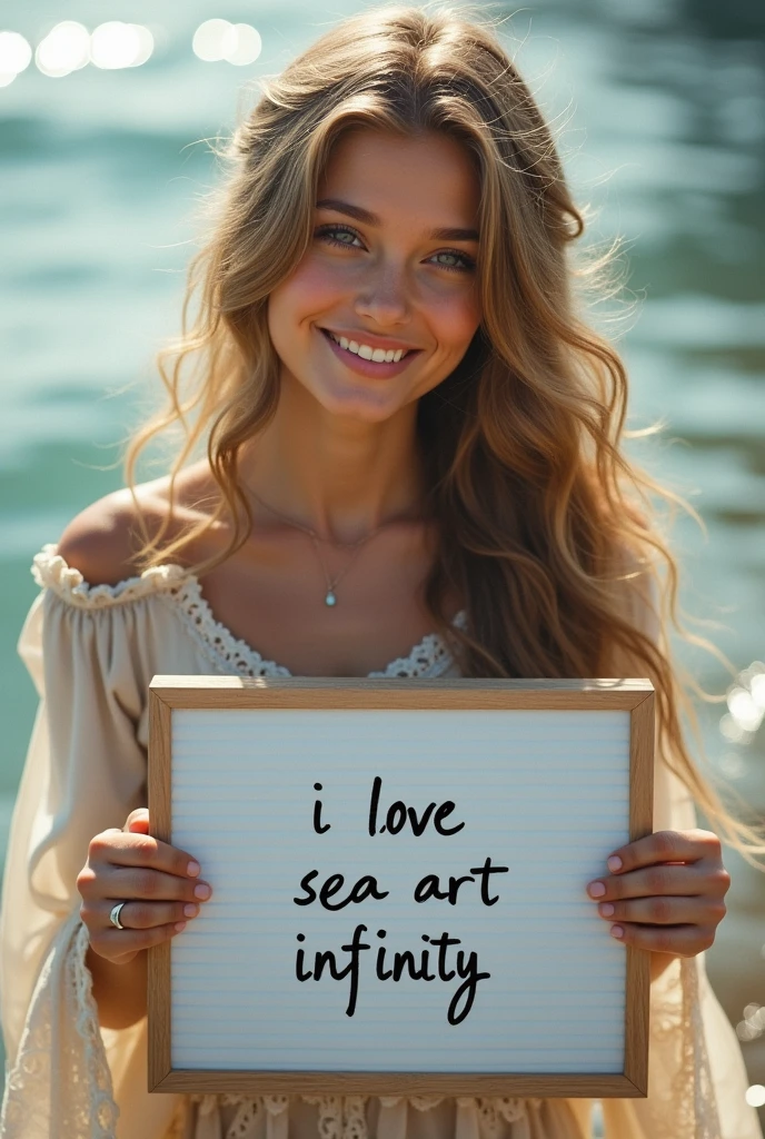 Beautiful girl with wavy long hair, bohemian dress, holding a white board with text "I Love Seaart Infinity" and showing it to the viewer