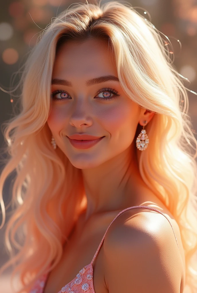 Soft Light, Gentle colors, Romanticism, Sparkle Effect, fluorescence, accessories, 360° View, smile, Pink eyes, Bright Eyes, smile, chest, Crystal Earrings, Long Hair, Blonde, Gradient color hairstyle, Winner of numerous awards, High resolution, High-resolution model, Ultra high definition, Textured skin, Textured skin, One person, solo, Gaze, teeth, Decorative art, masterpiece, Highest quality, movie, Godley, Overexposure,