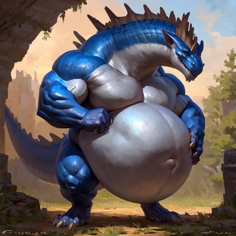 Detailed painting, by Taran Fiddler, dragoness, full body, feral, dainty, friendly, colorful, rounded snout, wings, pregnant-like belly, round belly, dominant belly, huge belly, bloated belly, big muscles, wide body, thick body muscles, powerfull muscles, beefy muscles, thick neck, beefy neck, looking at viewer, tall, enormous, giant, gigantic, gargantuan, kaiju, powerfull look, badass look, offering a warm hug to viewer, offering a hug to his chest,
