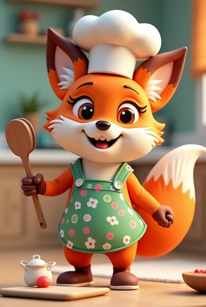 Section Mascot Creation "Home & Kitchen"

name: Foxy Frizz Style: Disney Pixar 3D Personality: friendly, Cunning, passionate about cooking and decorating.
Appearance:
colors: Vibrant shades of orange and white, green and blue details.
Accessories: chef hat, colorful apron, and kitchen utensils (like a spatula or wooden spoon).
Expressions: warm smile, olhos grandes e brilhantes.
Activities and Poses:
cozinhando (stirring a pan, preparing a dish).
Decorating (holding a plant or setting a table).
Giving home tips (pointing to a tip board).
Interactivity on the Website:
Hover animations (wink, TO WAVE, dance).
Friendly messages and helpful tips.
