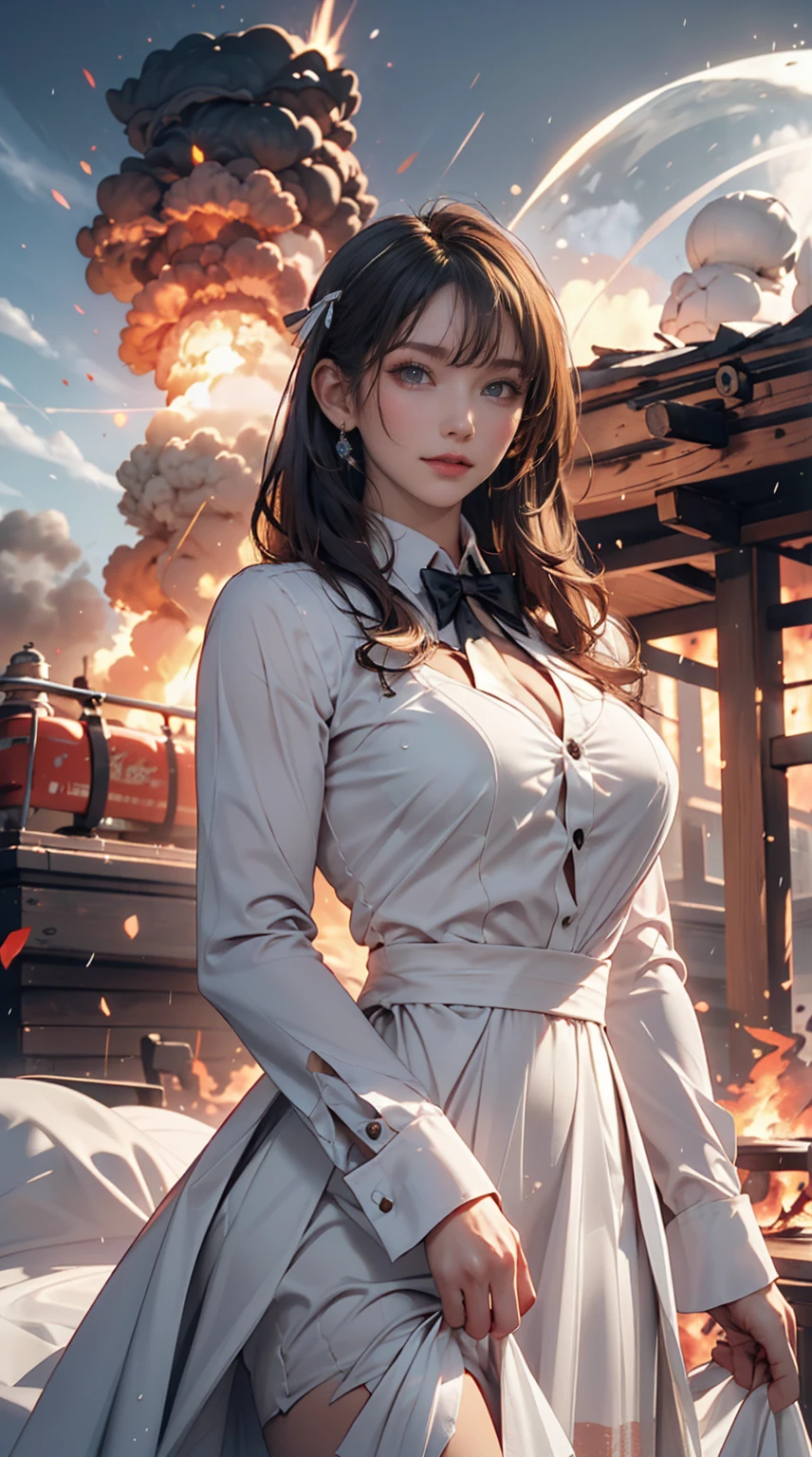 masterpiece, Exquisite, figure, {Beautiful and meticulous}, A beautiful and elaborate halo, (Fires of War: 1.2), (Nuclear explosion behind: 1.3), rain, Detailed lighting, Detailed water, (Beautiful and detailed: 1.1), Expressionless, palace, Sky blue hair, Scattered hair, Long Bangs, Eyebrow, (Grey and white dress: 1.1), Black Ribbon, White bow tie, upper abdomen, Large forehead, dull, flower, Long sleeve