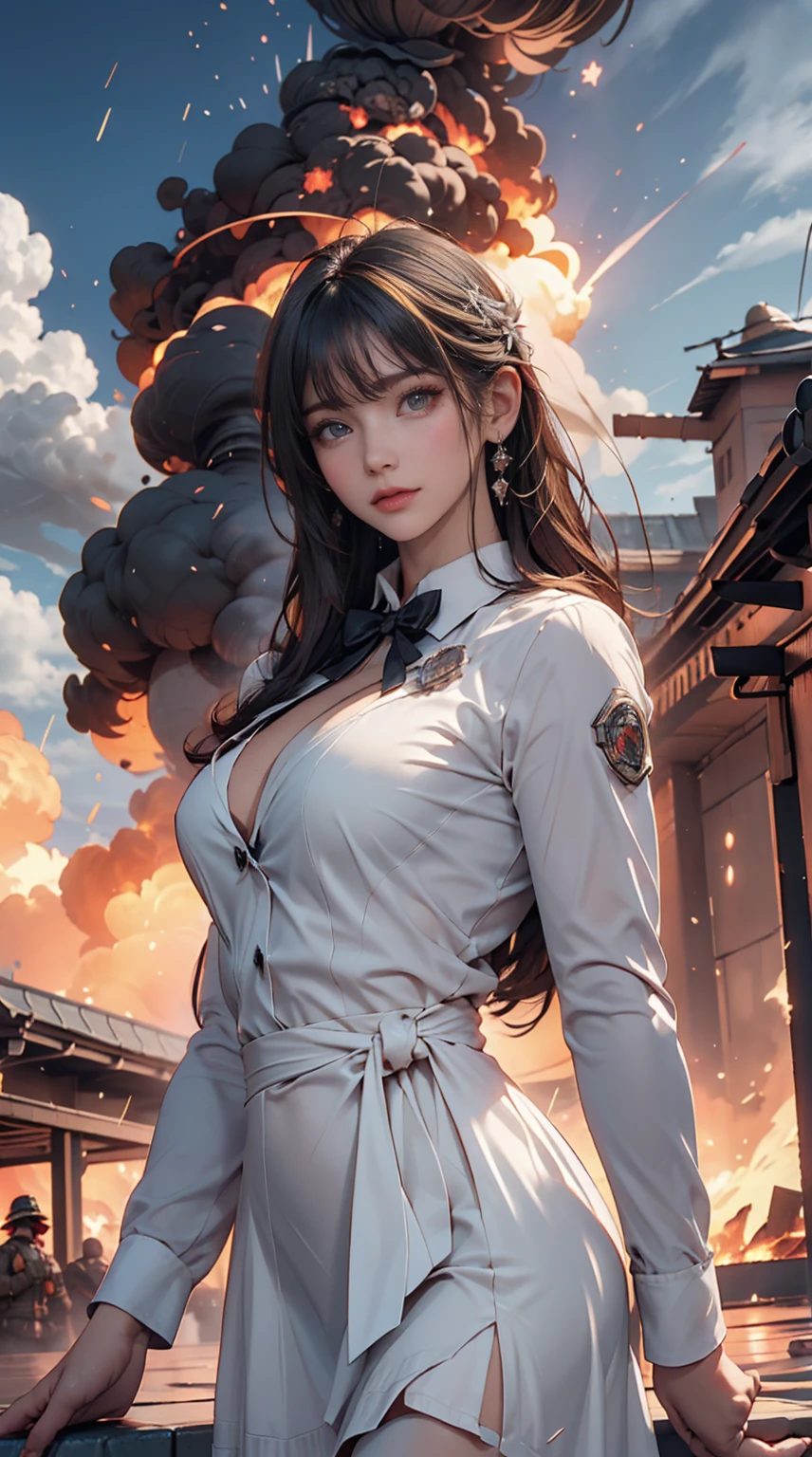 masterpiece, Exquisite, figure, {Beautiful and meticulous}, A beautiful and elaborate halo, (Fires of War: 1.2), (Nuclear explosion behind: 1.3), rain, Detailed lighting, Detailed water, (Beautiful and detailed: 1.1), Expressionless, palace, Sky blue hair, Scattered hair, Long Bangs, Eyebrow, (Grey and white dress: 1.1), Black Ribbon, White bow tie, upper abdomen, Large forehead, dull, flower, Long sleeve