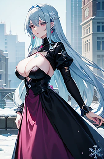 Anime, woman, long hair, pale blue hair, pink eyes, cool, earrings, big boob, wearing a black dress, beautiful, elegant, pure, fantasy, ice, snowflake, snow land,