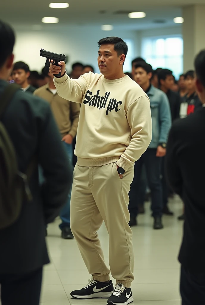 (make me a hyper realistic photography HD 18K photo showing a handsome Indonesian man with yellow skin, neat side part hair, stocky and sturdy body, slightly fat, wearing a crewneck sweater with the words "Sahril Pc" in a complicated font style, cream chino pants and black and white nike shoes. the man appears to be standing casually while putting his left hand in his pants pocket and his left hand is holding a walther PPK while aiming at the target in front of him. in the background there are many people looking at the man around him.