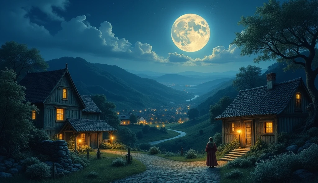 Create an image of a serene night scene where the moonlight is gently illuminating a village. Although the moon's light reaches every corner of the village, it should be depicted that the true essence of the moonlight resides in the hearts of those who gaze at it. Capture the idea that while the physical light covers all, the emotional and spiritual impact of the moonlight is felt most deeply in the observer's heart.