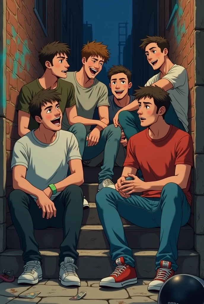 Make me an animated image of 6 male friends sitting on stairs drinking beers in an alley with a motorcycle helmet on the ground where some of them look drunk