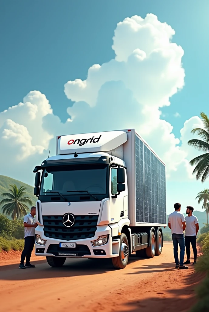 An image of Brazil, a white truck from the company named Ongrid full of solar panels, and company salespeople offering to people with notebook in hand. I want it with sun and clouds 