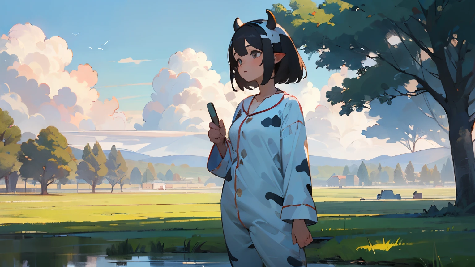 ((Best quality)), ((masterpiece)), (detailed), (((1 girl on the right in cow pajamas)))) The clearing is simply covered with grass., 2 trees in the distance, cloud and sun. The white river in the middle is big
