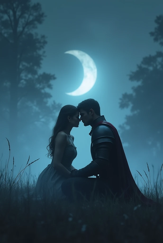 Dame and knight together on a moon night. Sitting. Face blurred due to fog and shine