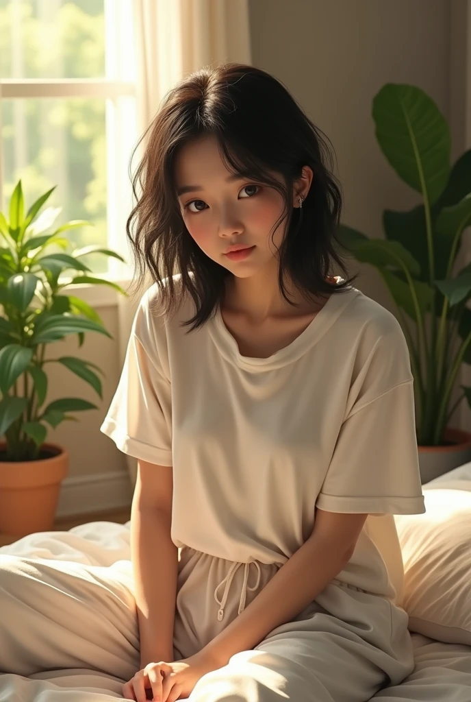 (photorealism:1.2), beautiful woman, sitting on bed, wearing white loose t-shirt, pajama pants, wavy black wolfcut hair, indoors, soft lighting, plants in background, window with sunlight, cozy room, relaxed pose and not looking at the camera, realistic, intricate details, warm colors.
