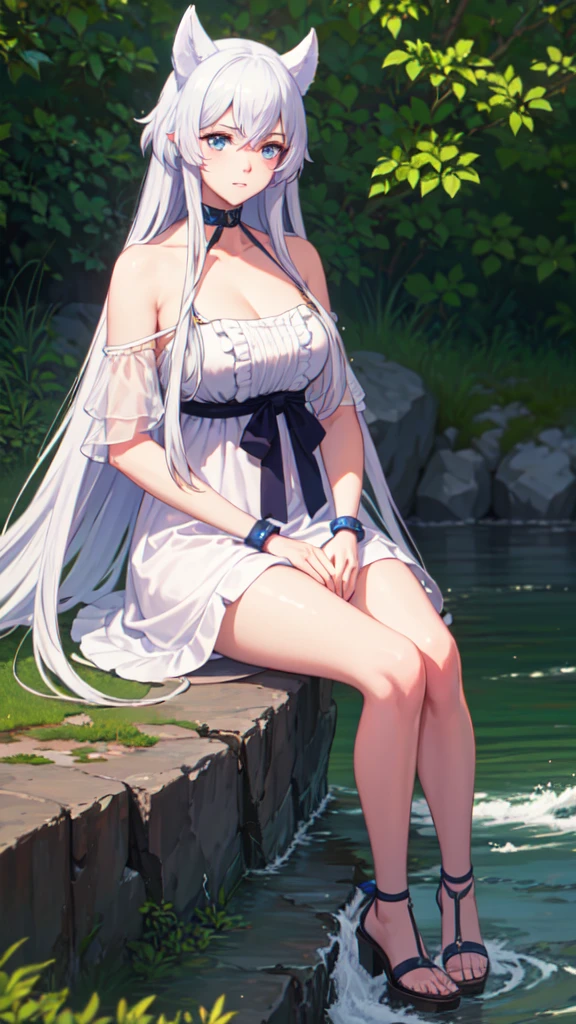 photorealistic, (4k), depth of field, (Masterpiece), (realistic skin texture), extremely detailed, intricate, hyper detailed, professional photography, bokeh, high resolution, sharp detail, best quality, girl, white hair, long hair, animal ears, blue eyes, white dress, bracelets, bare shoulders, blue ribbon, chocker, gladiator sandals,dynamic pose, (sitting with hands around her ankles),  river, stream, flowing water, blue sky,