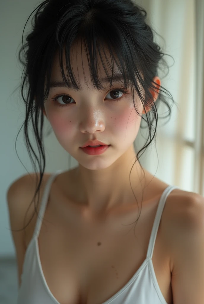 Realistic glowing skin, (sweating:1.8),Stand backwards,Look back at your face,Always look at the camera,(sweating:1.6),(Nipples are visible:1.4),,(whole body:1.8),(Shiny, slimy, realistic skin:1.9)
,Cold look,Cold Stare,Black Hair,short hair,Tie your hair short,Silky translucent white skin,,(Very detailed美しい顔), Great face and eyes, (Highest quality:1.4), (Very detailedな), (Very detailed CG 統合 8k 壁紙), Very detailed, High resolution raw color photos, Professional photography, Realistic portrait,Sweat
(少女のwhole bodyの詳細なRAW写真), Canon EOS R5 250mm, Sharp focus, Cinema Lighting, (No makeup:1.2), Fine skin, Delicate collarbone,,(Ultra-high resolution:1.6), (Realistic:1.6), ,(Wearing a white sports bra:1.9),(Japanese high school girls:1.9)