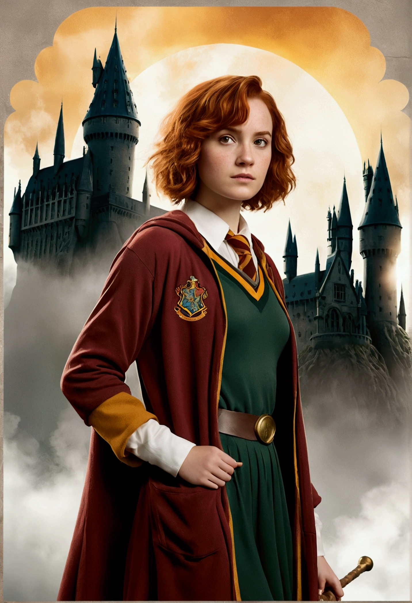 An illustrated movie poster, hand-drawn, full color, a female Hogwarts student, wearing quidditch robes, tall, toned, amazonian stature, athletic hourglass figure, auburn hair, curly bob cut, flushed sun-kissed complexion, freckles, standing in front of Hogwarts Castle, surrounded by mist, graphite shading, stencil marks, airbrushed acrylic paint, masterpiece, in the Deathly Hallows 