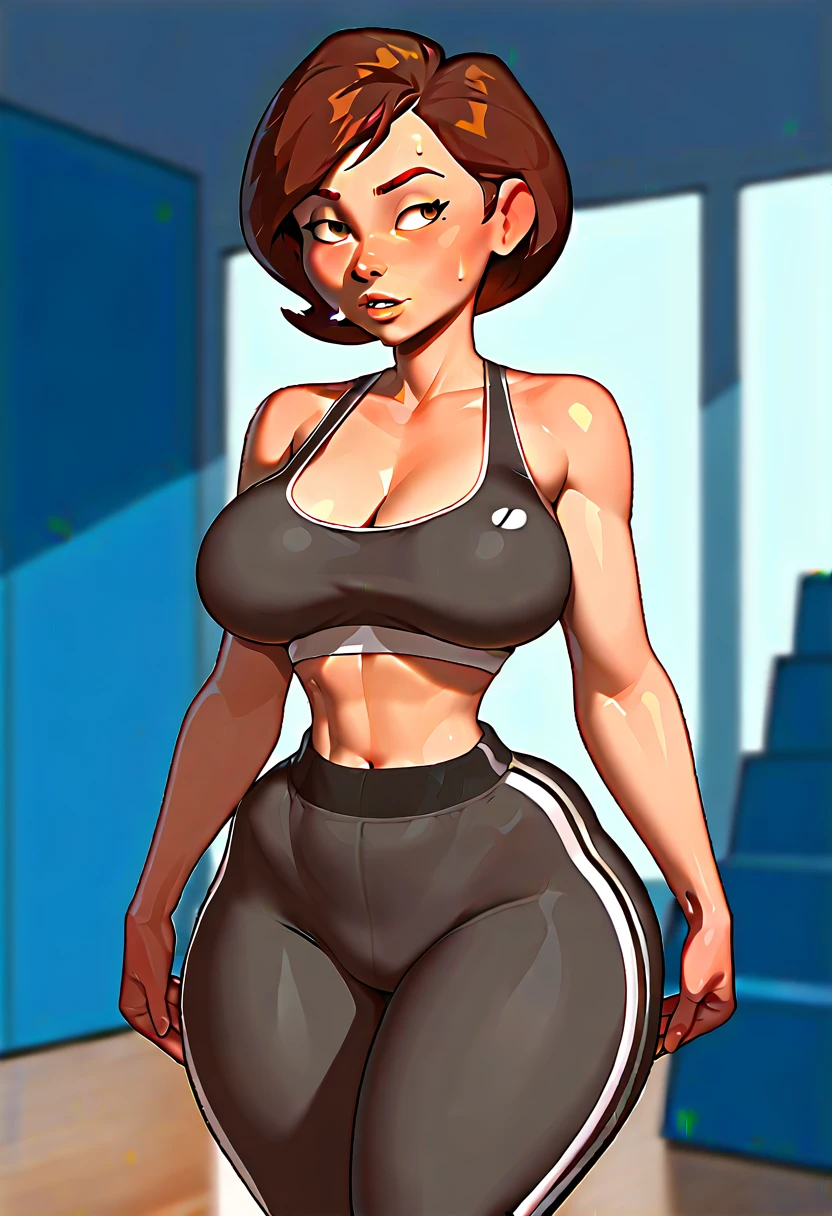 score_9, score_8_up, score_7_up, 1girl, solo, mature female, helen parr, thick thighs, wide hips, large breasts, narrow waist, sports bra, sweatpants,