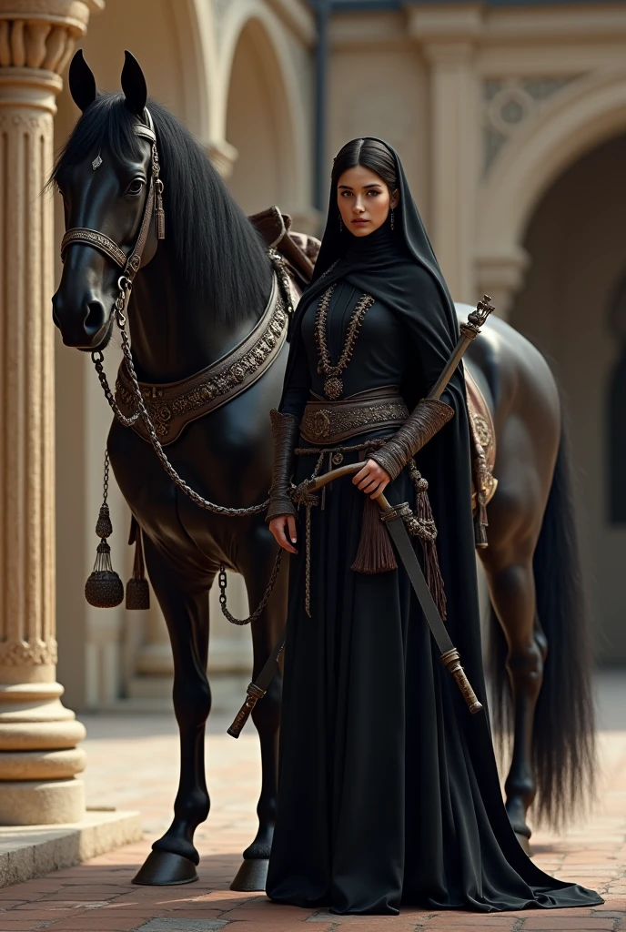 Turkish muslim women princess at ottoman empire as a warrior she has a black horse and arrows and wearing black clothes