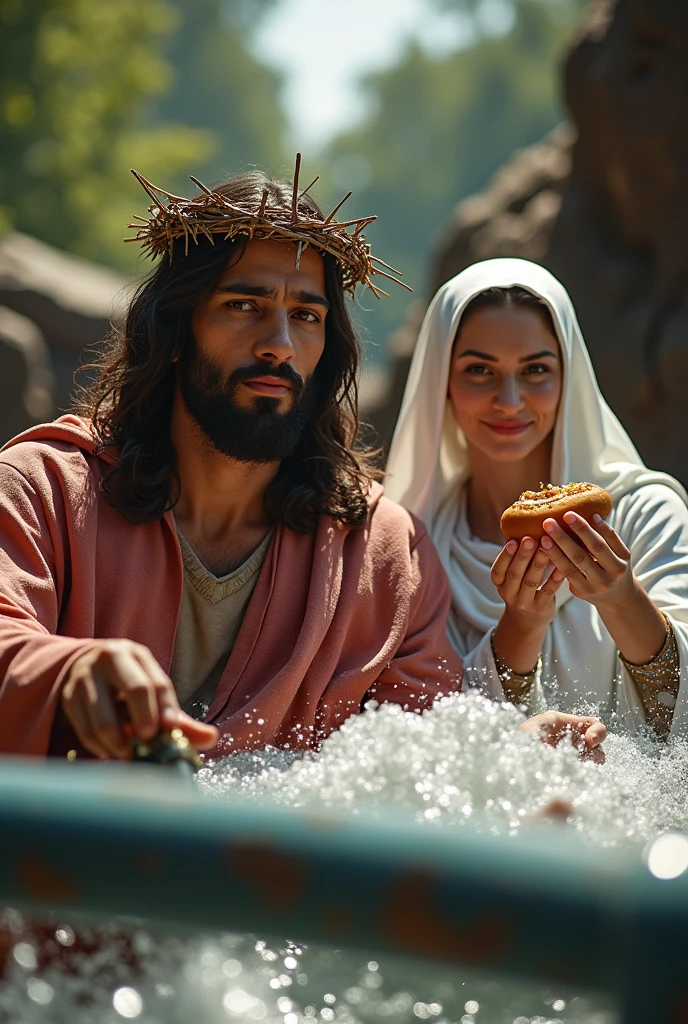 Jesus Christ and Mary's theme park on a log flume photograph. Jesus is wearing a crown of thorns with the words 'Alton Towers' across it.
Mary is holding a hotdog with her hands in the air. Hyper realistic. 