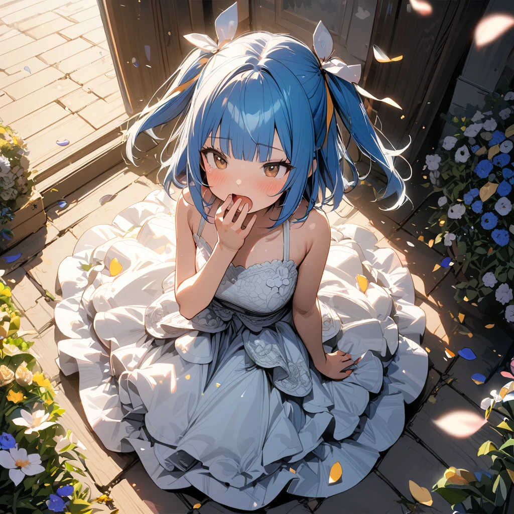 1 idol,solo,17yo,wearing white floral ball gown,ultra-detailed face,detailed eyes,brown eyes,blunt bangs,blue hair,two side up,wariza,yawning,one hand over own mouth,sleepy,open pouth,rim light,outdoors flower garden,(fragrant olive tree),(petals:1.3),1 Clock tower,From above,highly detailed illustration,masterpiece,8K,top quality