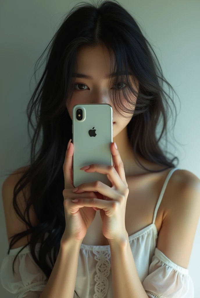 Woman taking a selfie in the mirror、Long Hair,My face is almost completely hidden by my iPhone、Beautiful woman、whole body、Japanese