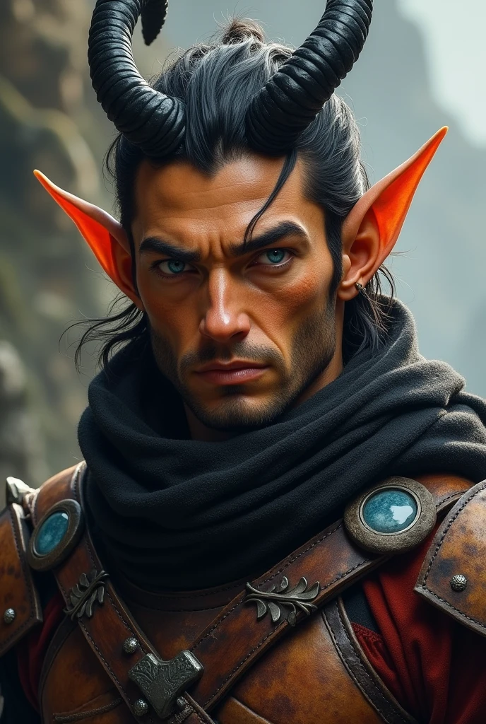 Imagine an adult male tiefling warrior with tan skin., with a warm, metallic tone that glows softly in the sunlight, highlighting its infernal heritage with a distinctive elegance. Your eyes are a light blue, with vertical pupils reminiscent of a feline, observing the world around with a mixture of sagacity and prudence.
Your hair is thick, wavy, and a shiny black, cut in a practical way. On the sides of the head, the hair is shorter, highlighting the slender, curved horns that rise gently backwards, polished and of a color similar to ebony. The contrast between the dark horns and the tanned skin creates an imposing and fascinating image..
His face is angular, with a strong jaw and thin lips, displaying an expression of firm determination. The eyebrows are well defined, further accentuating his piercing eyes. Small details adorn your appearance: a simple silver earring in one ear and a thin scar that cuts across his left eyebrow, Memory of a Past Battle.
He wears light armor, but robust, made of darkened leather and reinforced with dark, weathered metal plates. The armor is fitted to your athletic body, allowing you to move with agility and precision on the battlefield. A long cloak, of a resistant and dark fabric, with a deep red lining, complements your look, protecting it from the elements and increasing its intimidating presence.
Your tail, muscular and agile, ends in a sharp point, balancing his posture as he moves with controlled grace. This tiefling warrior is the embodiment of strength and strategy., with an appearance that reflects both the nobility and ferocity of his spirit.