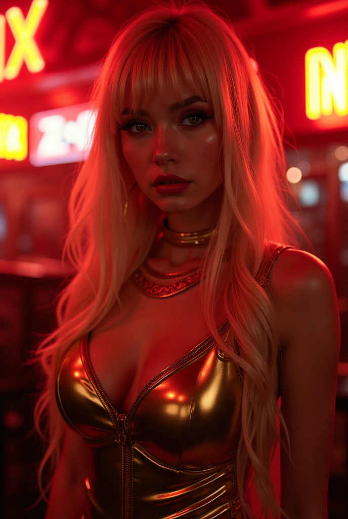 ((Japanese Idol)) 20 years old Long blonde hair with bangs ((Smoky makeup、Black eyeshadow)) plump cheeks ((Plump lips with bright red lipstick)) Large Breasts big eyes Cyberpunk Bar ((Gold ultra-glossy patent leather bodycon dress)) Fat body masterpiece 8k drawn from above ((aldult,Beautiful figure,Totally tacky)) ((The Shining, shine, shine顔と肌)) ((Armpits)) ecstasy sex shine顔 room with red light