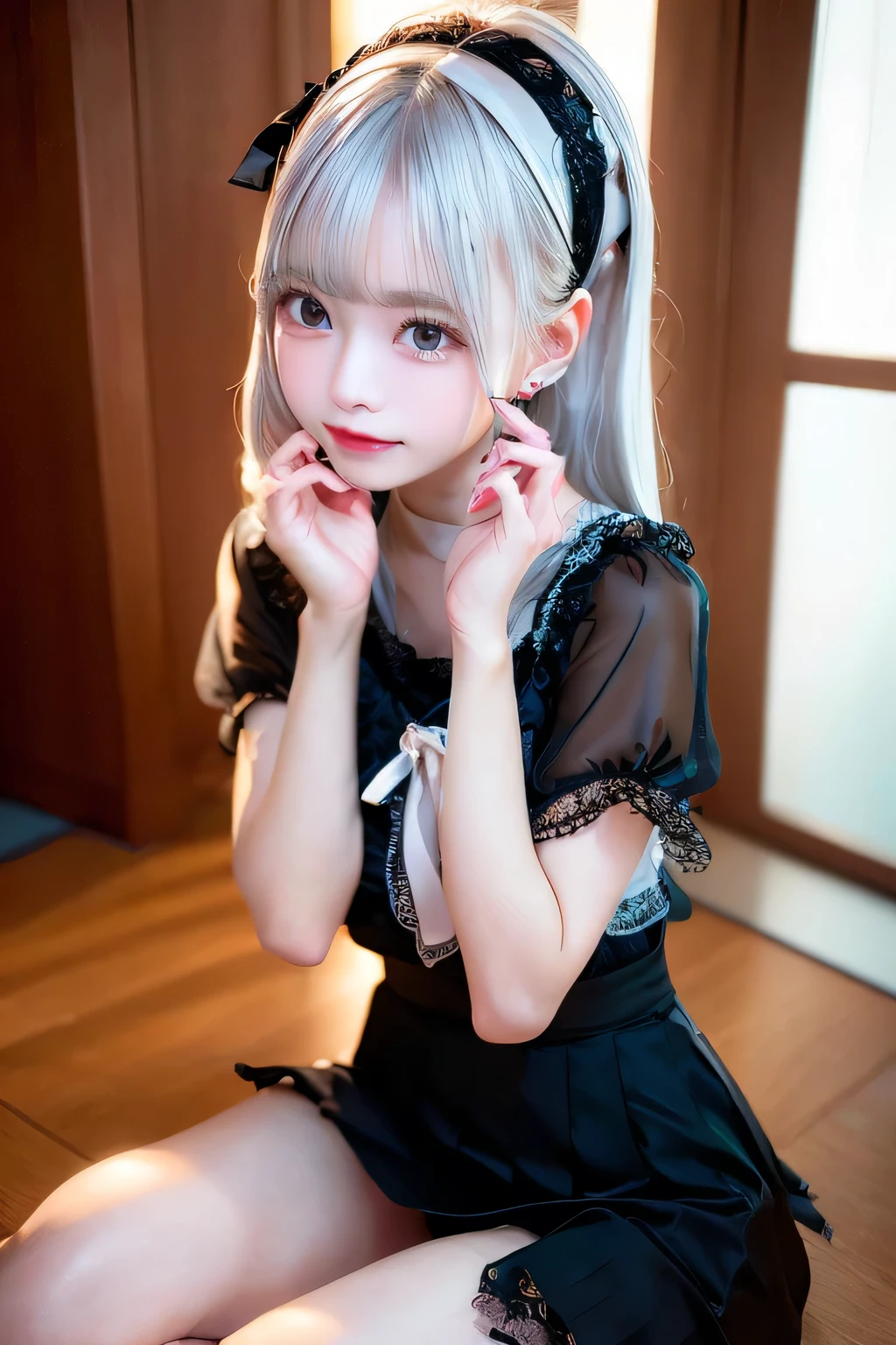 1 girl,Black pleated skirt, White blouse, , Silver Hair, silver straight hair, bionde, medium long hair, headband Lace with white ribbon, she is AYA MIYABI, 22 years old, Bishojo, looking at viewer, she is famous Japanese idol, kawaii, (mascara), eyeliner, almond eye, natural eyebrows, thin lips, Natural color lip, extremely detailed skin, fair skin, smile, cute, realistic face, slender face, beautiful skin, flat chest, clavicle, slender body, Forehead, delicate thighs, skinny legs, lean legs, Best quality, (8k, RAW photo, best quality, childish face, masterpiece:1.2), ultra-detailed, (realistic, photo realistic:1.37), high detail RAW color photo, an extremely delicate and beautiful, extremely detailed(Selfie:1.1), finely detail,