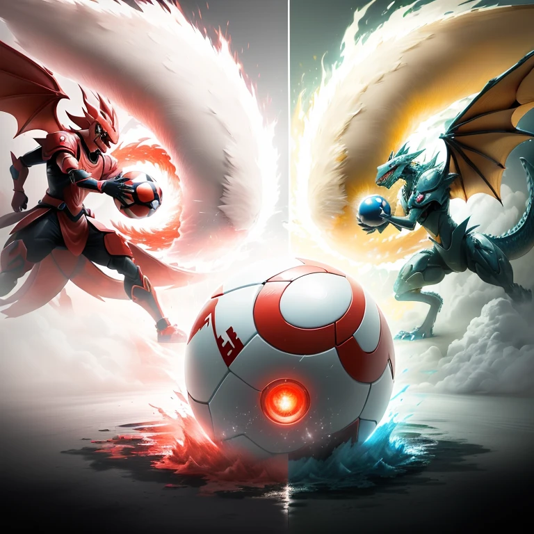 pokemon is playing a game with a ball and a dragon, intense battle, dynamic!!, intense fighting, pokemon military drill, misty, giygas, new pokemon, similar to pokemon, huge battle, by Josetsu, fighting, video, splash aura in motion, very intense, menacing!!!, intense moment, tournament, nintendo, ashy