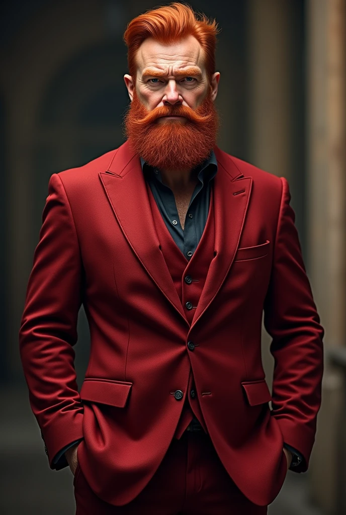 A middle-aged man with red hair and a red beard, wearing a red suit.