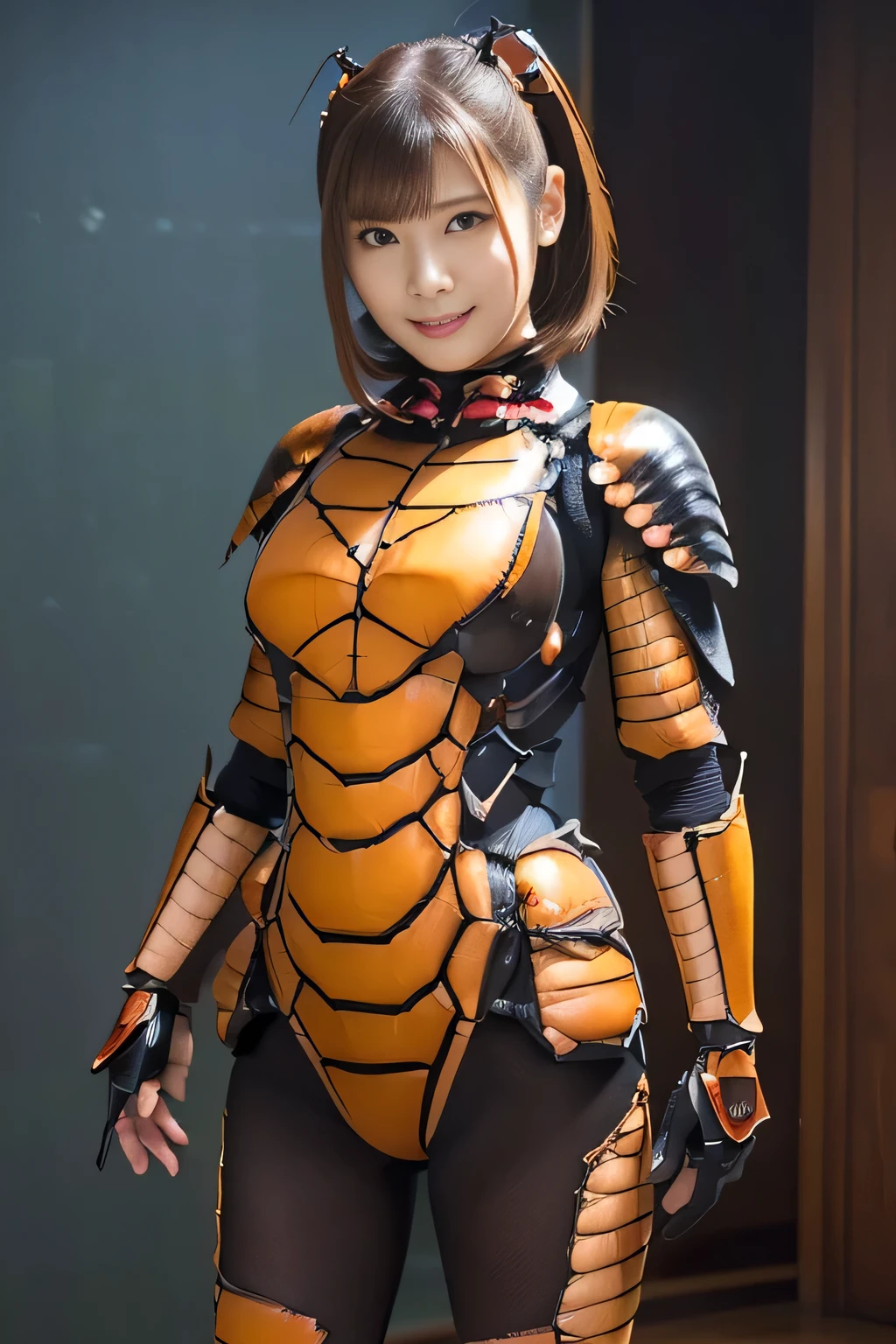 (high resolution,masterpiece,best quality,extremely detailed CG, anime, official art:1.4), realistic, photo, amazing fine details, all intricate, gloss and shiny,awesome many layers, 8k wall paper, 3d, sketch, kawaii, illustration,( solo:1.4), perfect female proportion,villainess, (fusion of dark brown cockroach and lady:1.4), (brown cockroach form lady:1.2), (brown cockroach lady:1.2), (fusion:1.2), (solo:1.4), (evil smile:1.2), muscular, abs, (cockroach brown exoskeleton bio insect suit:1.4), (cockroach brown exoskeleton bio insect armor:1.2), (brown transparency cockroach wing:1.4), (brown cockroach antennae:1.3),