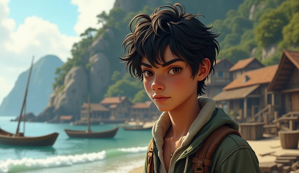 Kai is a lean, wiry teenager with tanned skin from long days spent under the sun. His hair is dark and unruly, often tousled. He live in small village of fisherman
