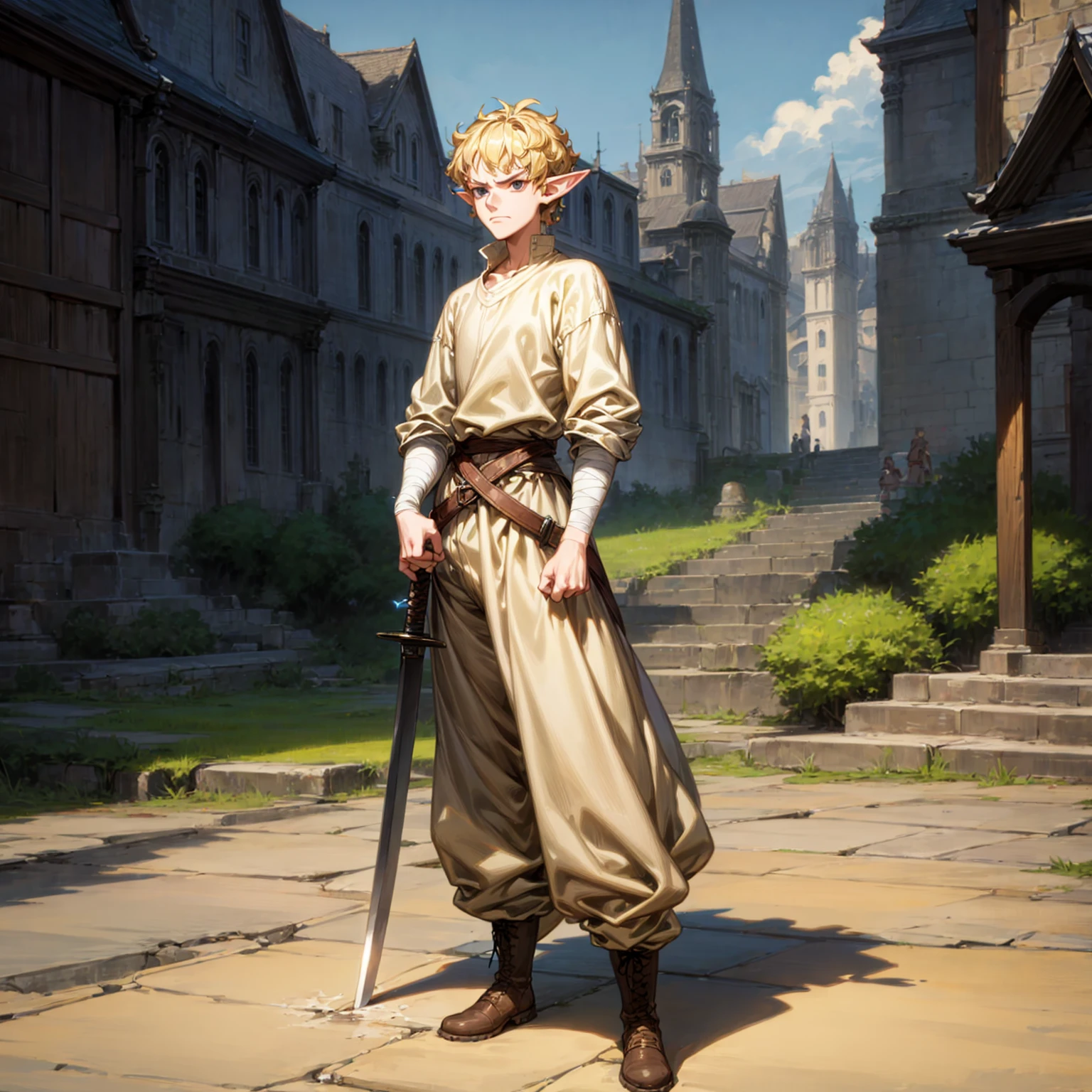 Solo character, full body version, young man, tall height, (elf), black eyes, blonde color hair, Curly haircut, casual clothing, long pants, bandage, boots, outdoor, town, medieval, standing gesture, detailed background, detailed clothing, detailed hair, (one piece style art), sword in hand, angry eyes 