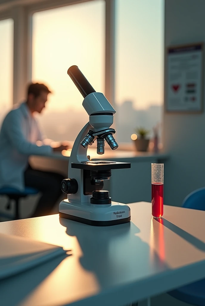 (photorealism:1.2), beautiful microscope, sitting a table, back side enjection pic , on table a blood test tube,a doctor is sit on chair, back side write ( s.g.m. pathology) , mobile number - 7880842005, window with sunlight,