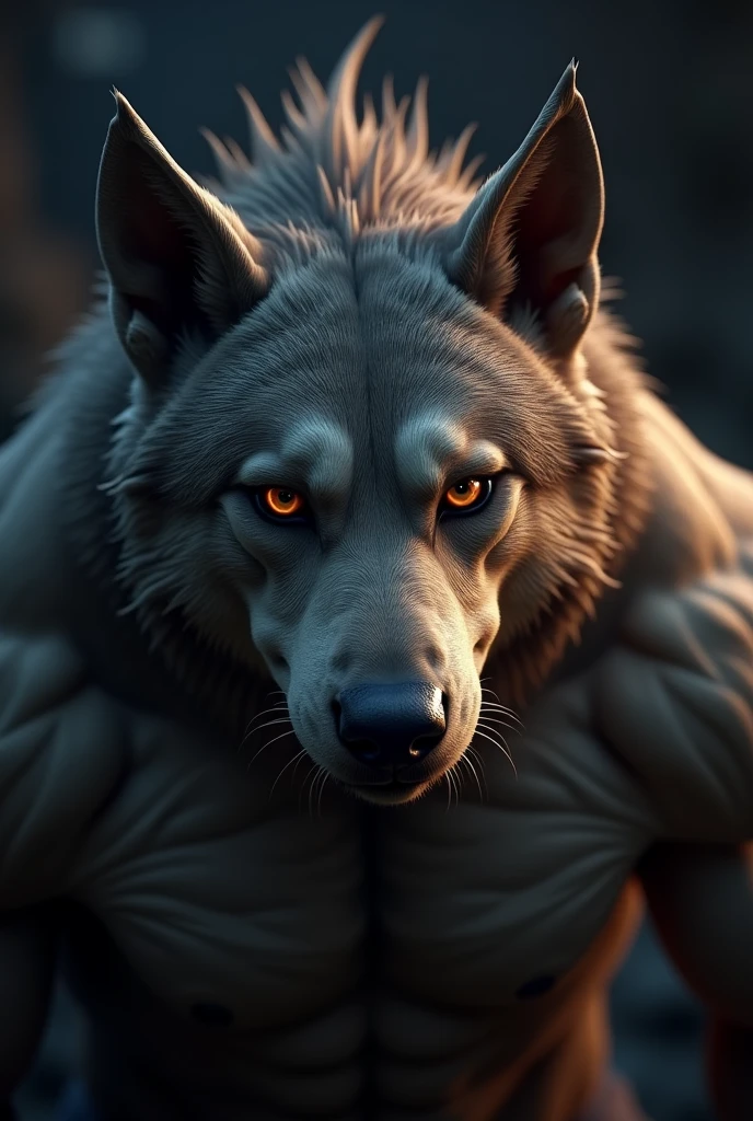 A muscular dogman, highly detailed portrait, beautiful detailed eyes, beautiful detailed lips, extremely detailed face and features, sharp focus, hyper realistic, 3d render, dramatic lighting, chiaroscuro, cinematic, fantasy, dark, moody, brooding, intense expression