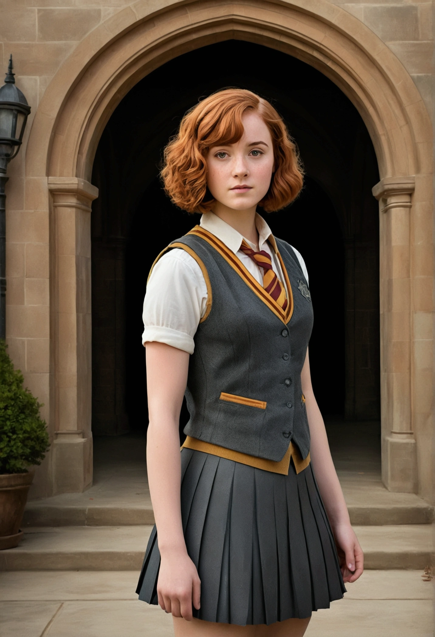 An illustrated movie poster, hand-drawn, full color, a female Hogwarts student, wearing a charcoal vest and a pleated skirt, tall, toned, amazonian stature, athletic hourglass figure, auburn hair, curly bob cut, flushed sun-kissed complexion, freckles, standing in a Hogwarts Courtyard, graphite shading, stencil marks, airbrushed acrylic paint, masterpiece, in the Deathly Hallows
