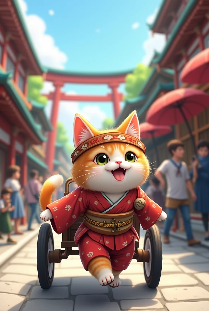 "A cute cat is pulling a rickshaw through the streets of Asakusa. The cat, wearing a traditional Japanese outfit with a headband, is enthusiastically guiding the rickshaw. The background features Asakusa’s famous landmarks, including Senso-ji Temple and the bustling Nakamise shopping street, creating a lively and culturally rich scene."