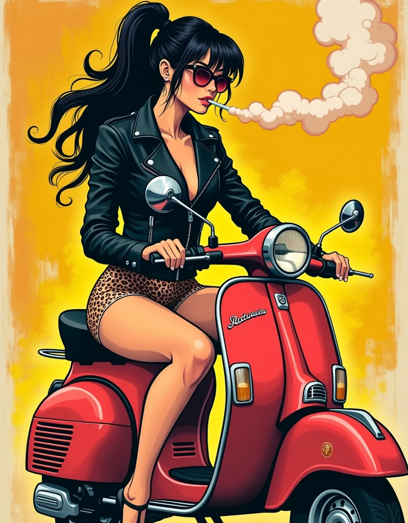 Art style of Mitch O'Connell and Chris Cooper aka Coop, Japanese girl on motor scooter, black leather jacket, leopard print panties, smoking, poster style, vintage comic book style, retro, bright colors, hard lines, medium contrast