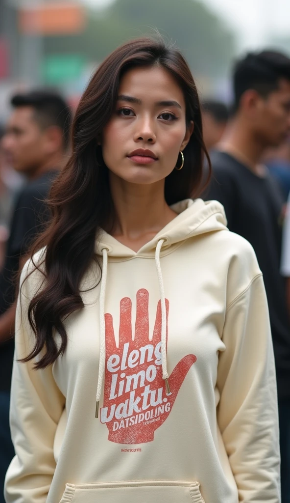 A indonesian pretty woman, wearing a cream hoodie with a strong vector design featuring a silhouetted image of a five-fingered palm in white colour with love and light. The phrase "ELENG LIMO WAKTU" is displayed in bold, distressed typography with pastel colours, while holding her hoodie, hijab, in a public place, surrounded by many men, big and sexy breasts, jav idol, with a frontal shooting angle, very realistic, (complex detail: 0.9), (hdr, hyperdetail: 1.2), RAW, Sony Alpha a9 II, 24-105mm f/4, HDR,