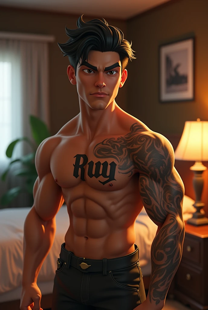 a young man AI high quality muscular tattoo with name “ruy” tan skin piercing gaze with realistic animated bedroom background
