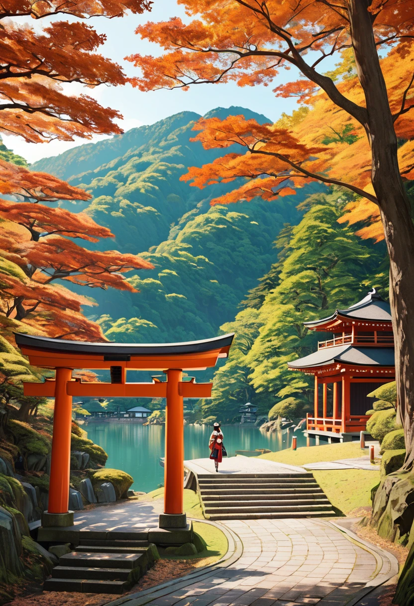 there is a woman walking up a set of stairs to a lake, near a japanese shrine, japanese shrine, guardian of the holy lake, torii in the background, shinto shrine, by Torii Kiyomoto, by Kaigetsudō Anchi, inspired by Kaigetsudō Anchi, japanese torii in a moutain