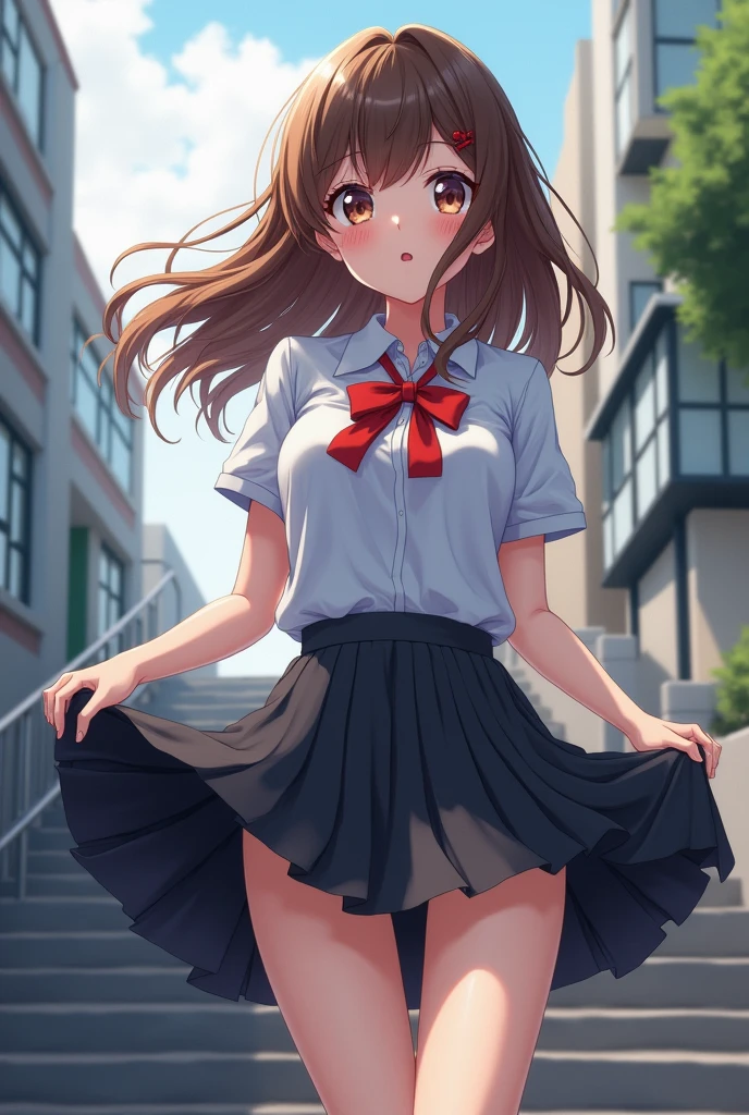 ((masutepiece, Best Quality, hight resolution, nffsw, Perfect Pixel,  4K, nffsw, nffsw))), 1girl in, Single, Solo, Beautie、full body seen、 ((Middle Wave Hair, Bangs, Brown hair)), ((Brown-eyed, Beautiful eyelashes, Realistic eyes)), ((Detailed face, Blushing:1.2)), ((Smooth texture:0.75, Realistic texture:0.65, Photorealistic:1.1, Anime CG style)), medium breasts, Dynamic Angle, Perfect body,  ((red bowtie, School uniform, , White shirt, Black skirt, plaid skirts)), City staircase、Looking up from the bottom of the stairs、Very embarrassing panic smile, turned around、bending forward、(The wind flipped my skirt and exposed my butt...................、Touching the buttocks with both hands、Light blue lace panties)、