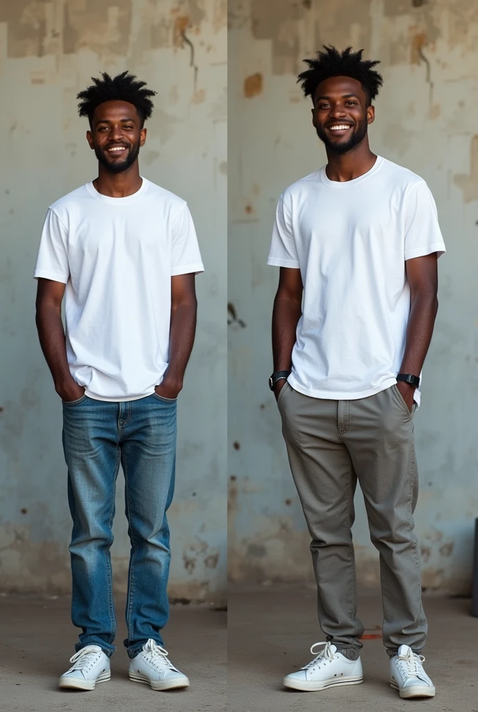 Create a split-image of the same light skinned 21 years old Ethiopian man shown side by side against a messed up wall as a background to illustrate a before and after transformation. In the 'before' image on the left, depict the man as shorter and wearing a plain white T-shirt and jeans. In the 'after' image on the right, show the same man taller, with no change in  physique, wearing the same white T-shirt but with casual pants instead. Both images should have the man smiling and looking directly at the camera, with a noticeable difference in height and little difference on presence. The background should be the same for both pictures and minimalist with natural lighting, highlighting the transformation. Make the picture realistic 