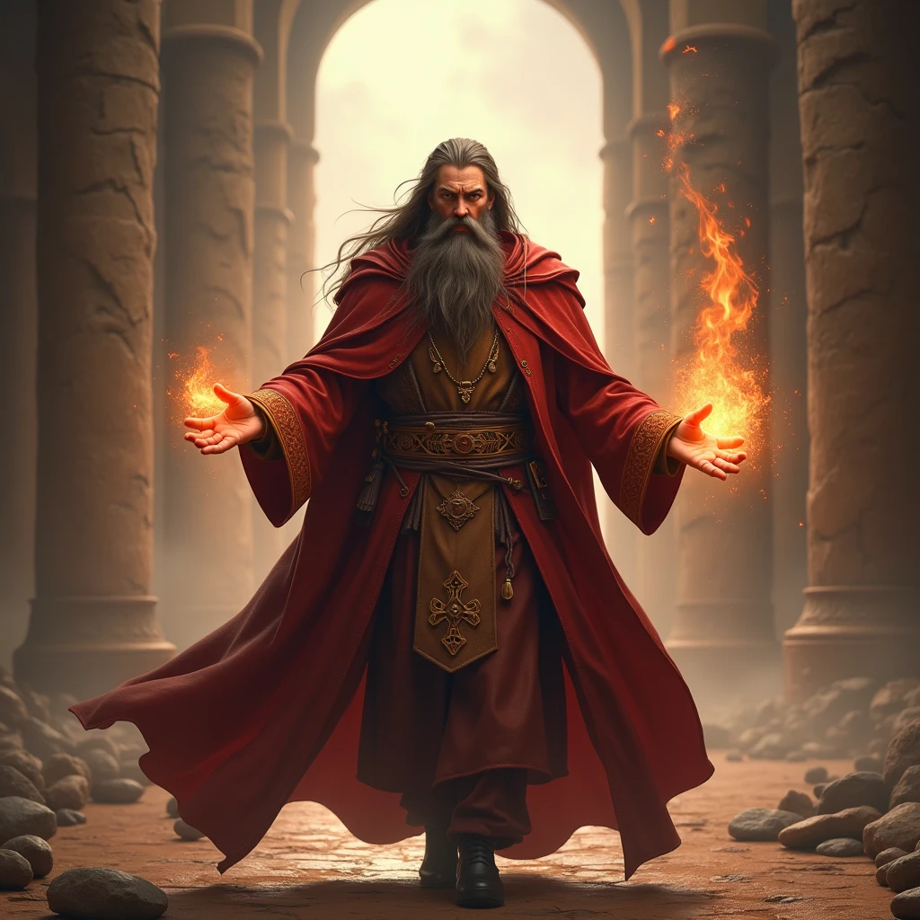 light fantasy rendering for a game, a wizard with a red cloak and golden details walking towards the camera, he has long hair with a big beard and an angry look on his face, there are some fire particles around the wizard, the wizard opens his hands and summons ruins encoded with forgotten symbols, in the background a kind of training arena