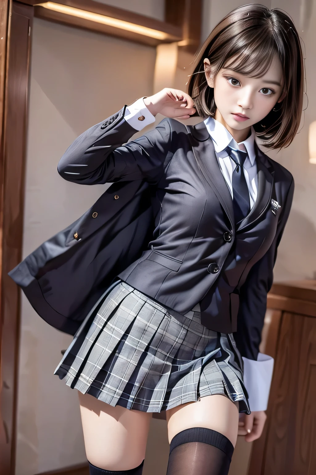 (8k, RAW Photos, Highest quality, masterpiece:1.2、RAW Photos), ((masterpiece:1.4))、((flying debris:1.4))、((Woman with light brown shorthair:1.4))、((Wearing a grey plaid pleated skirt:1.4))、((Wearing a tight black suit:1.4))、((Stand in the hotel bedroom))、very Sexy Costumes, Wearing a suit is strict、Stylish and gorgeous cosplay, Sexy Costumes, FashionWearing a suit, Wearing a suit, appropriate clothing、((Wearing a black suit:1.4))、Sexy look, suit、((Wearing a black suit:1.4))、Wearing a black suit、((Confused expression:1.4))、((Black knee-high socks:1.4))、
