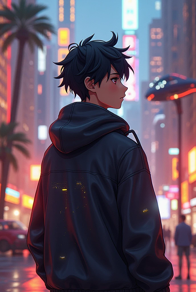 A anime  boy wearing hoodie , 3rd person view , in a cyberpunk egypt 