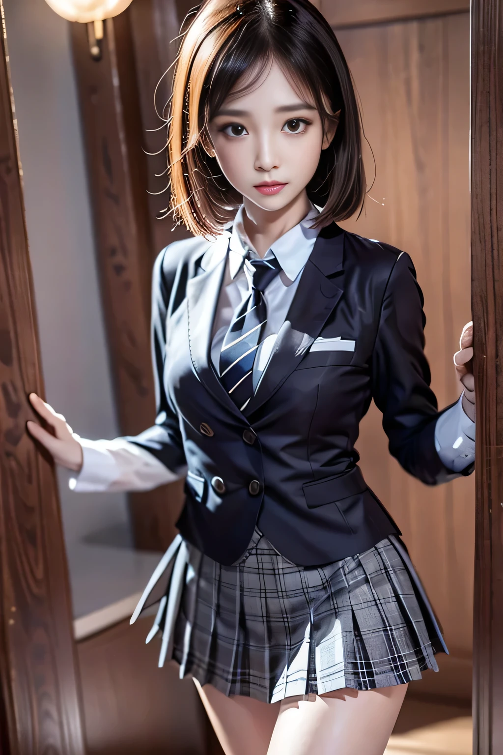 (8k, RAW Photos, Highest quality, masterpiece:1.2、RAW Photos), ((masterpiece:1.4))、((flying debris:1.4))、((Woman with light brown shorthair:1.4))、((Wearing a grey plaid pleated skirt:1.4))、((Wearing a tight black suit:1.4))、((Stand in the hotel bedroom))、very Sexy Costumes, Wearing a suit is strict、Stylish and gorgeous cosplay, Sexy Costumes, FashionWearing a suit, Wearing a suit, appropriate clothing、((Wearing a black suit:1.4))、Sexy look, suit、((Wearing a black suit:1.4))、Wearing a black suit、((Confused expression:1.4))、((Black knee-high socks:1.4))、
