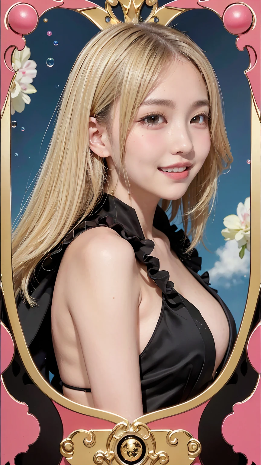 Realistic、masterpiece、Highest quality、Highest quality、Tarot Card Style、A background with many soap bubbles drawn in the blue sky、One Woman、An image of an angel、Upper body photo、Gothic punk costumes、(Blonde Hair, Long Hair:1.2)、Natural Makeup、Draw lots of eyelashes、Dark pink blush、profile、smilingly, Showing teeth、cheeks turn a little red