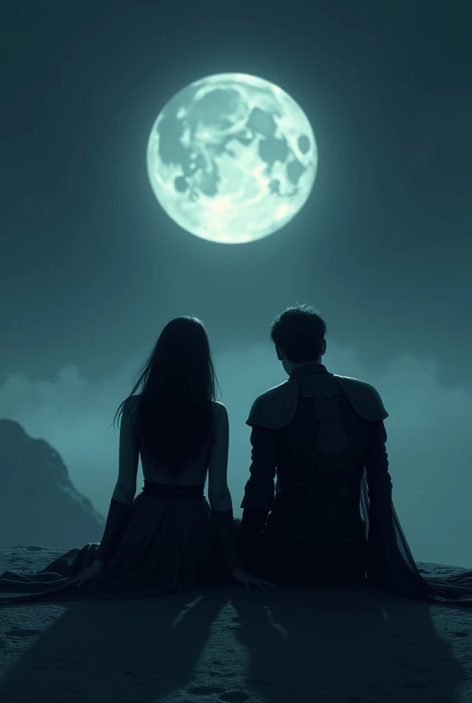Dame and knight together on a moon night. Sitting. Face blurred.